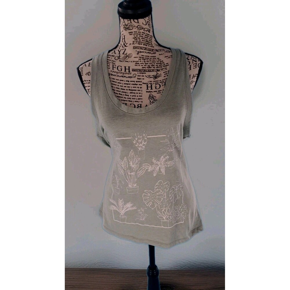 IML House Plant Tank Top Lg Womens Green Scoop Neck Large Leaf Botanical Outline